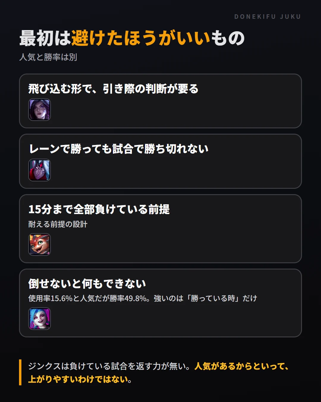 ADCで最初は避けたほうがいいもの。カイ＝サ（引き際の判断）、ヴァルス（勝ち切れない）、スモルダー（15分まで耐える前提）、ジンクス（倒せないと何もできない・勝率49.8%）