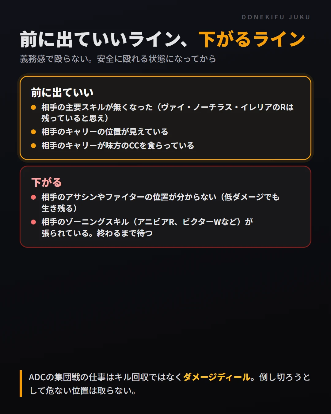 ADCが集団戦で前に出ていいライン(相手の主要スキルが無い・キャリーが見えている・CCを食らっている)と、下がるライン