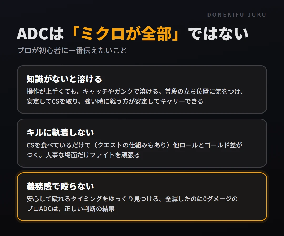 ADCの常識のウソ3つ。ミクロより知識、CSを食べているだけでゴールド差がつくのでキルに執着しない、義務感で殴らない