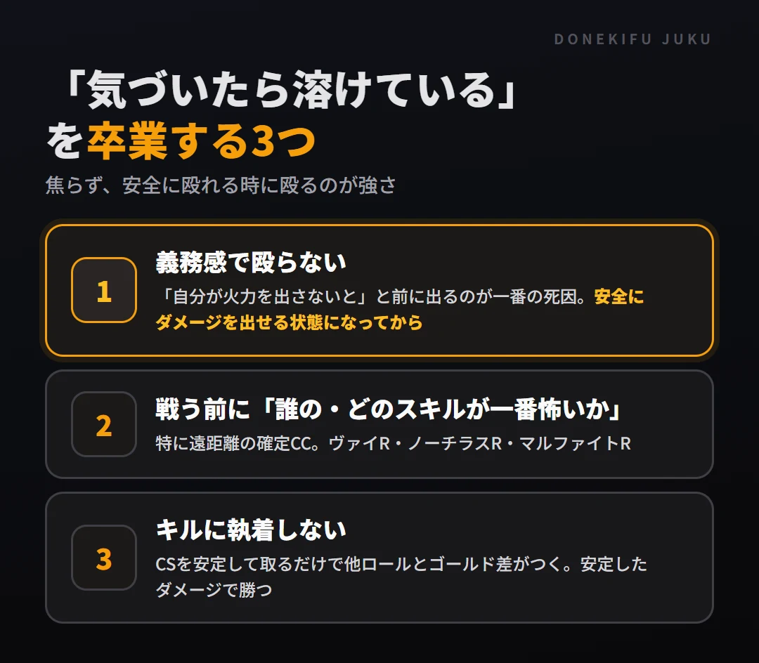 ADCが溶けないための3つ。義務感で殴らない、戦う前に敵の一番怖いスキルを把握する、キルに執着しない