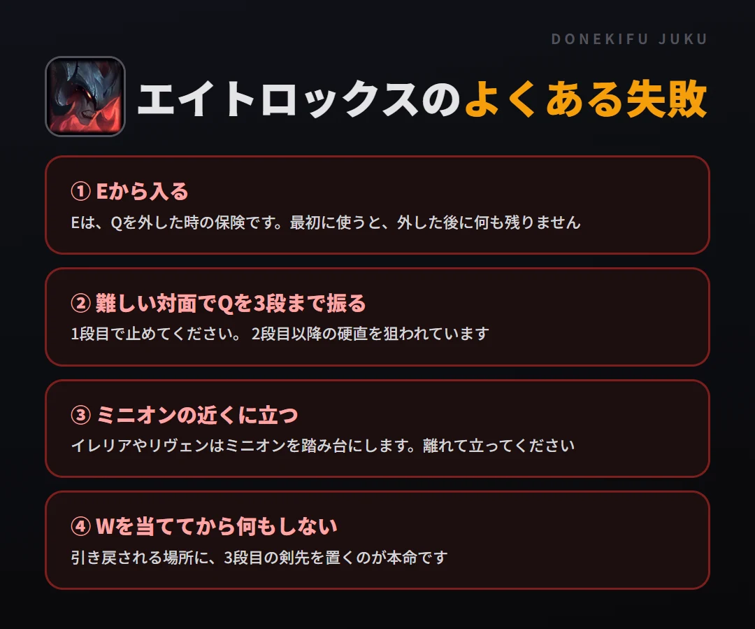 エイトロックスのよくある失敗。Eから入る、難しい対面でQを3段まで振る、ミニオンの近くに立つ、Wを当ててから何もしない