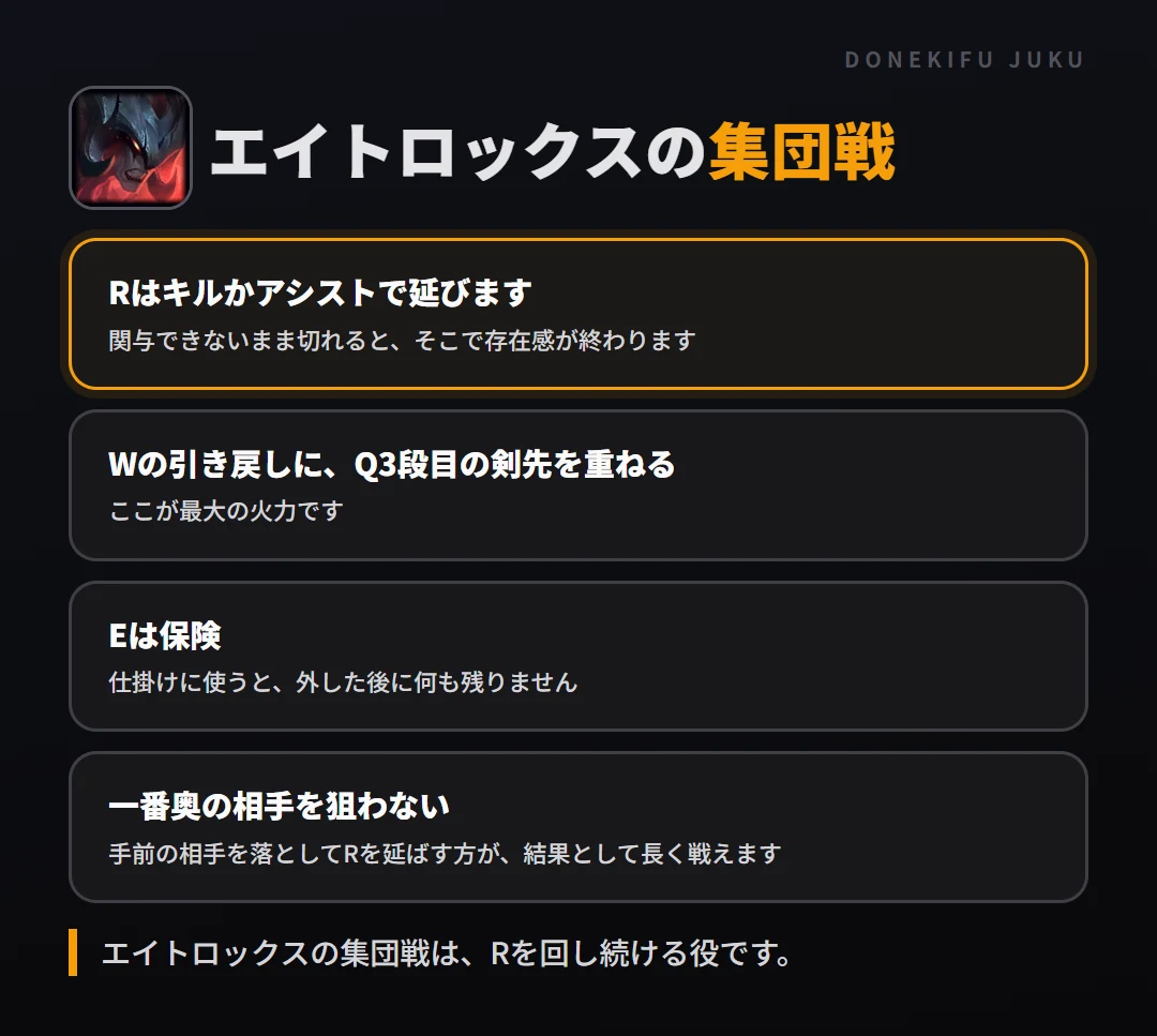 エイトロックスの集団戦の立ち回り。Rはキルかアシストで延びます、Wの引き戻しに、Q3段目の剣先を重ねる、Eは保険、一番奥の相手を狙わない
