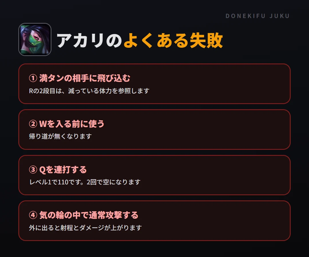 アカリのよくある失敗。満タンの相手に飛び込む、Wを入る前に使う、Qを連打する、気の輪の中で通常攻撃する