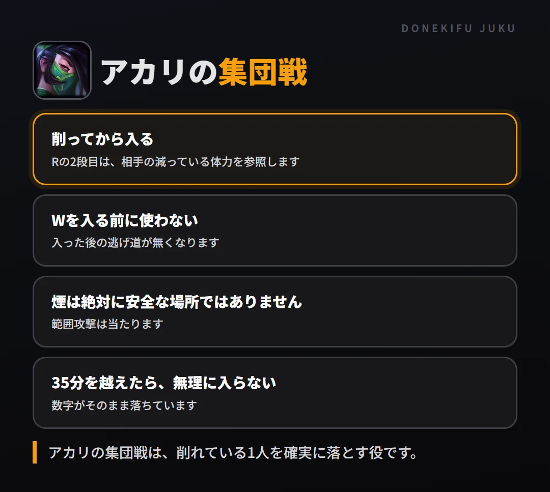アカリの集団戦の立ち回り。削ってから入る、Wを入る前に使わない、煙は絶対に安全な場所ではありません、35分を越えたら、無理に入らない