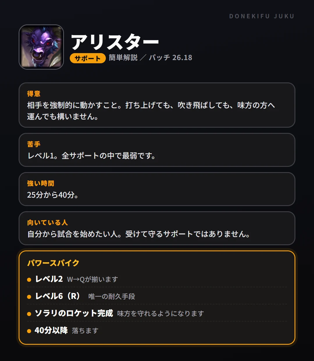 アリスターはこういうチャンピオン(サポート)。得意なこと・苦手なこと・強い時間帯と、パワースパイク