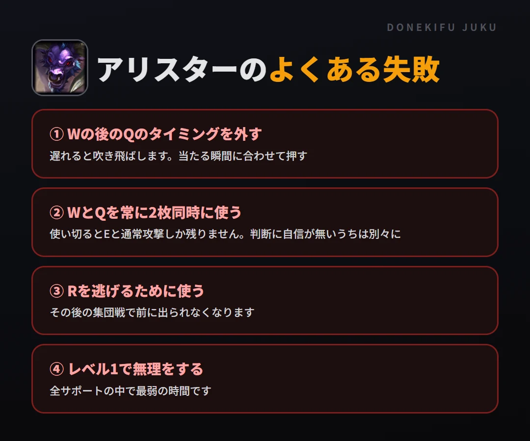 アリスターのよくある失敗。Wの後のQのタイミングを外す、WとQを常に2枚同時に使う、Rを逃げるために使う、レベル1で無理をする