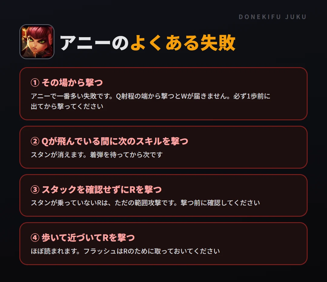 アニーのよくある失敗。その場から撃つ、Qが飛んでいる間に次のスキルを撃つ、スタックを確認せずにRを撃つ、歩いて近づいてRを撃つ