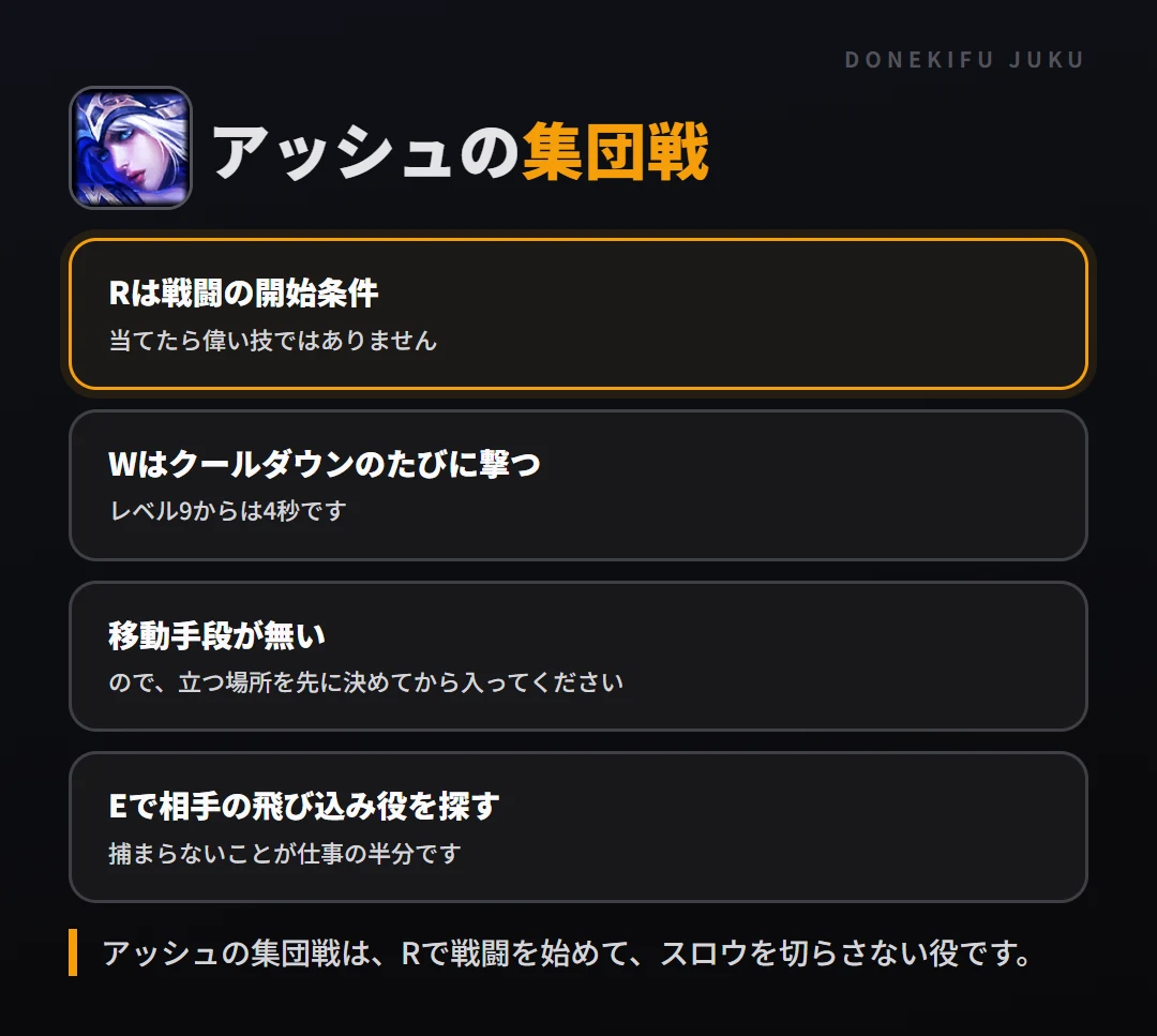 アッシュの集団戦の立ち回り。Rは戦闘の開始条件、Wはクールダウンのたびに撃つ、移動手段が無い、Eで相手の飛び込み役を探す