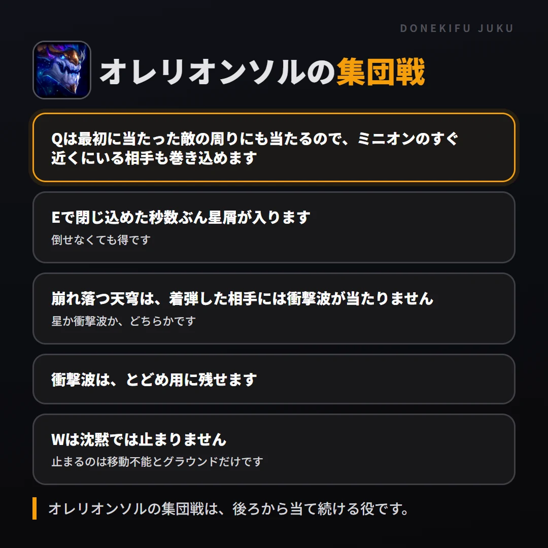 オレリオンソルの集団戦の立ち回り。Qは最初に当たった敵の周りにも当たるので、ミニオンのすぐ近くにいる相手も巻き込めます、Eで閉じ込めた秒数ぶん星屑が入ります、崩れ落つ天穹は、着弾した相手には衝撃波が当たりません、衝撃波は、とどめ用に残せます、Wは沈黙では止まりません
