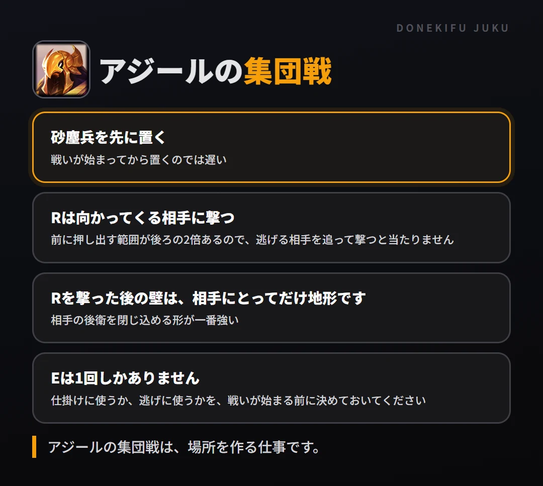 アジールの集団戦の立ち回り。砂塵兵を先に置く、Rは向かってくる相手に撃つ、Rを撃った後の壁は、相手にとってだけ地形です、Eは1回しかありません