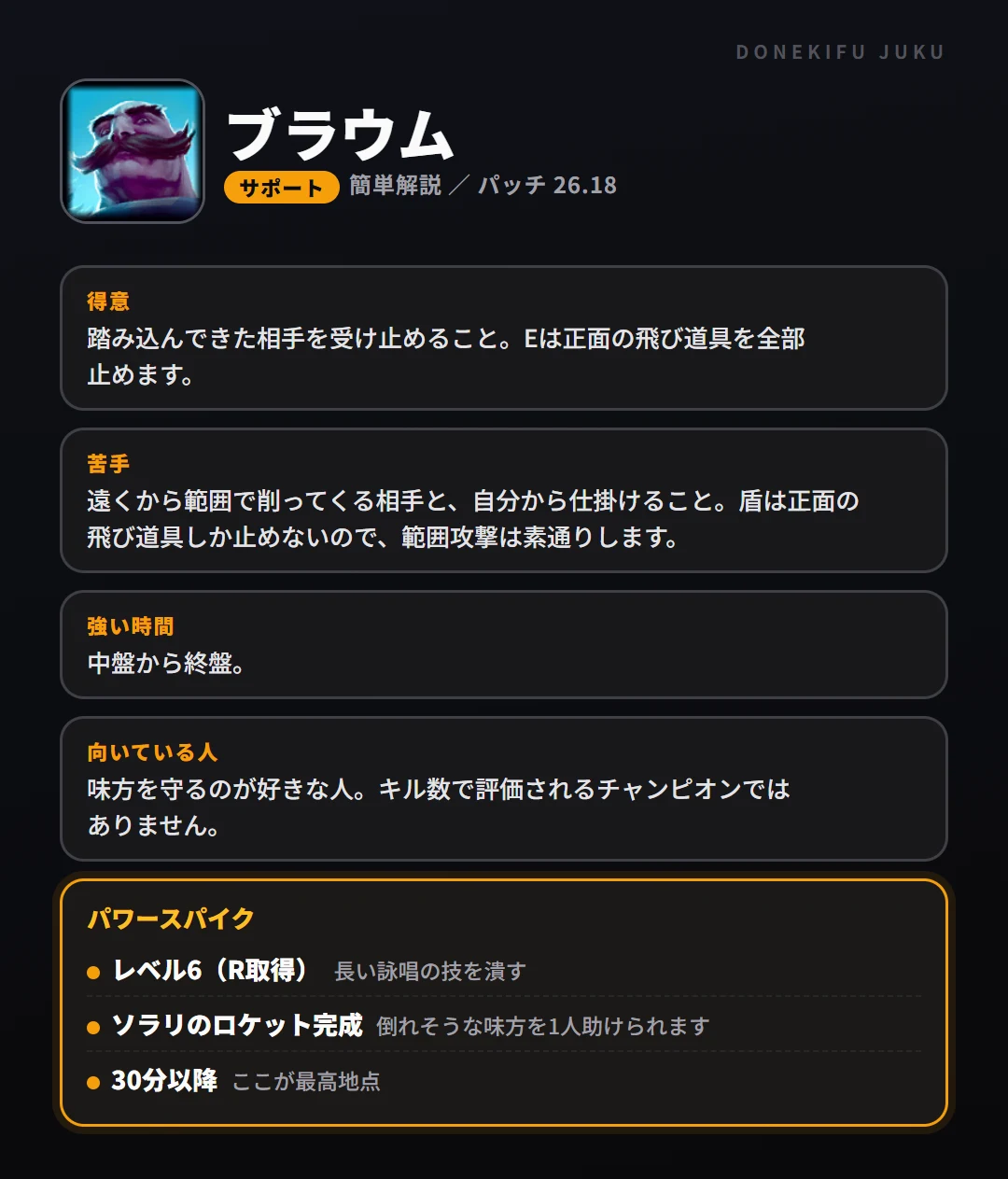 ブラウムはこういうチャンピオン（サポート）。得意なこと・苦手なこと・強い時間帯と、パワースパイク
