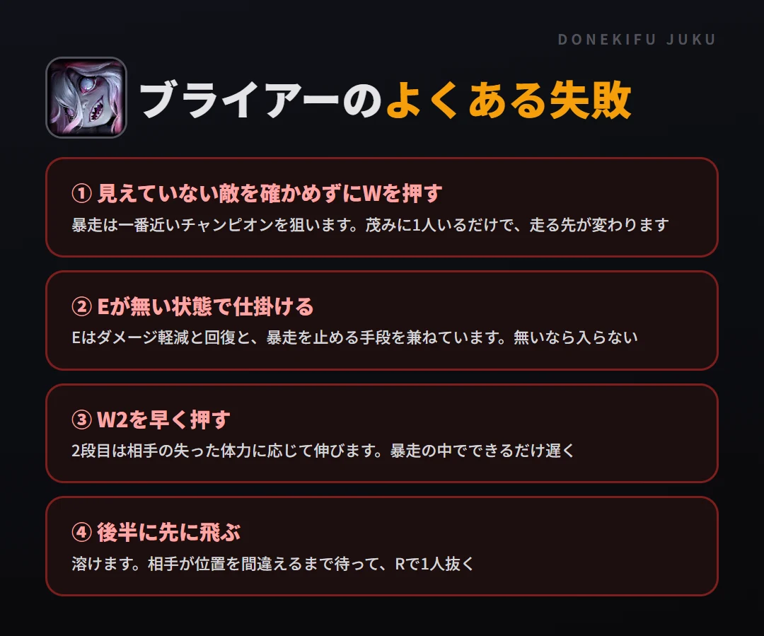 ブライアーのよくある失敗。見えていない敵を確かめずにWを押す、Eが無い状態で仕掛ける、W2を早く押す、後半に先に飛ぶ