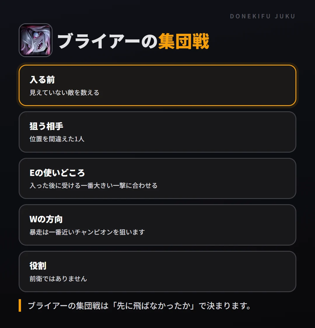 ブライアーの集団戦の立ち回り。入る前、狙う相手、Eの使いどころ、Wの方向、役割