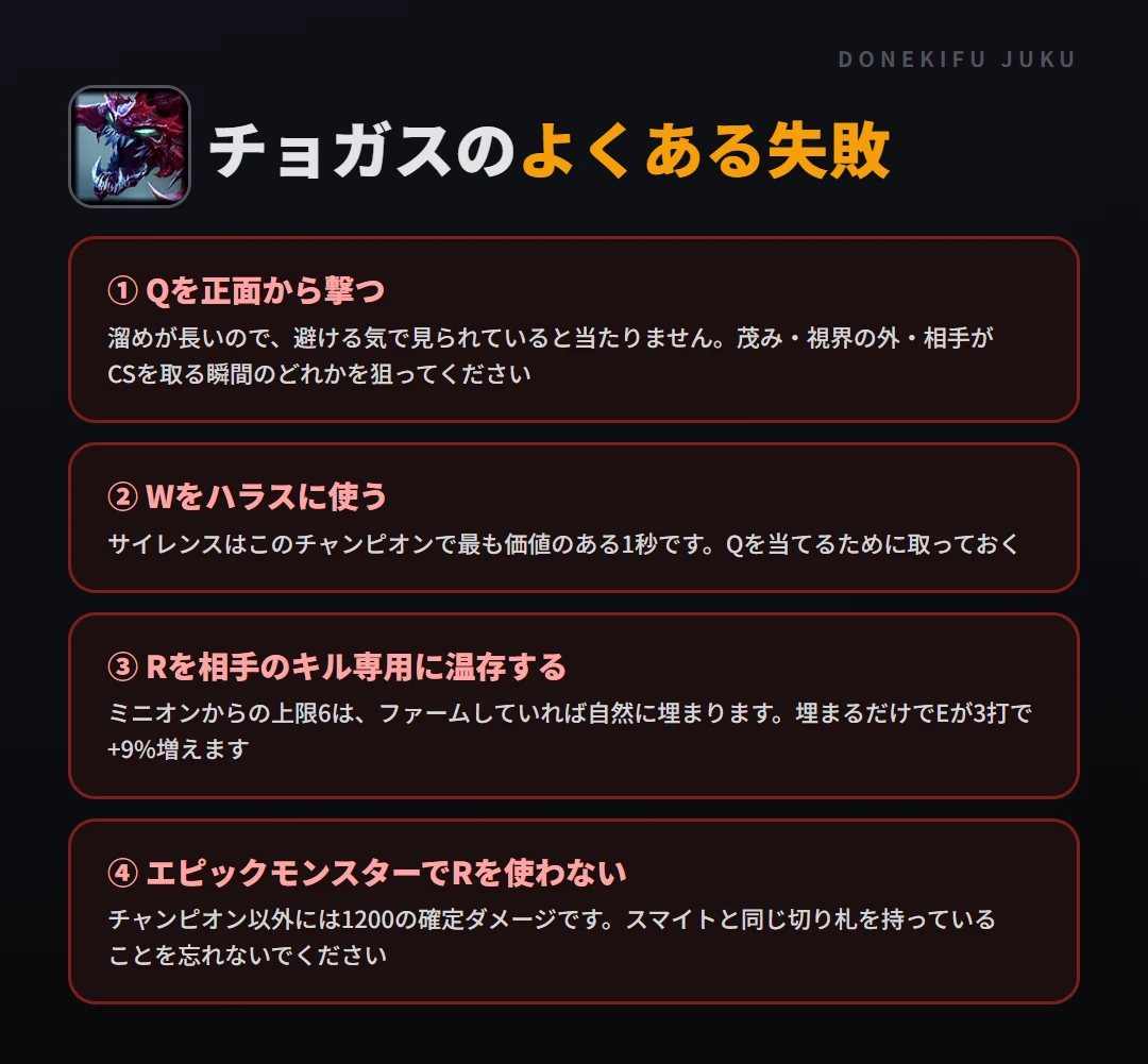 チョガスのよくある失敗。Qを正面から撃つ、Wをハラスに使う、Rを相手のキル専用に温存する、エピックモンスターでRを使わない