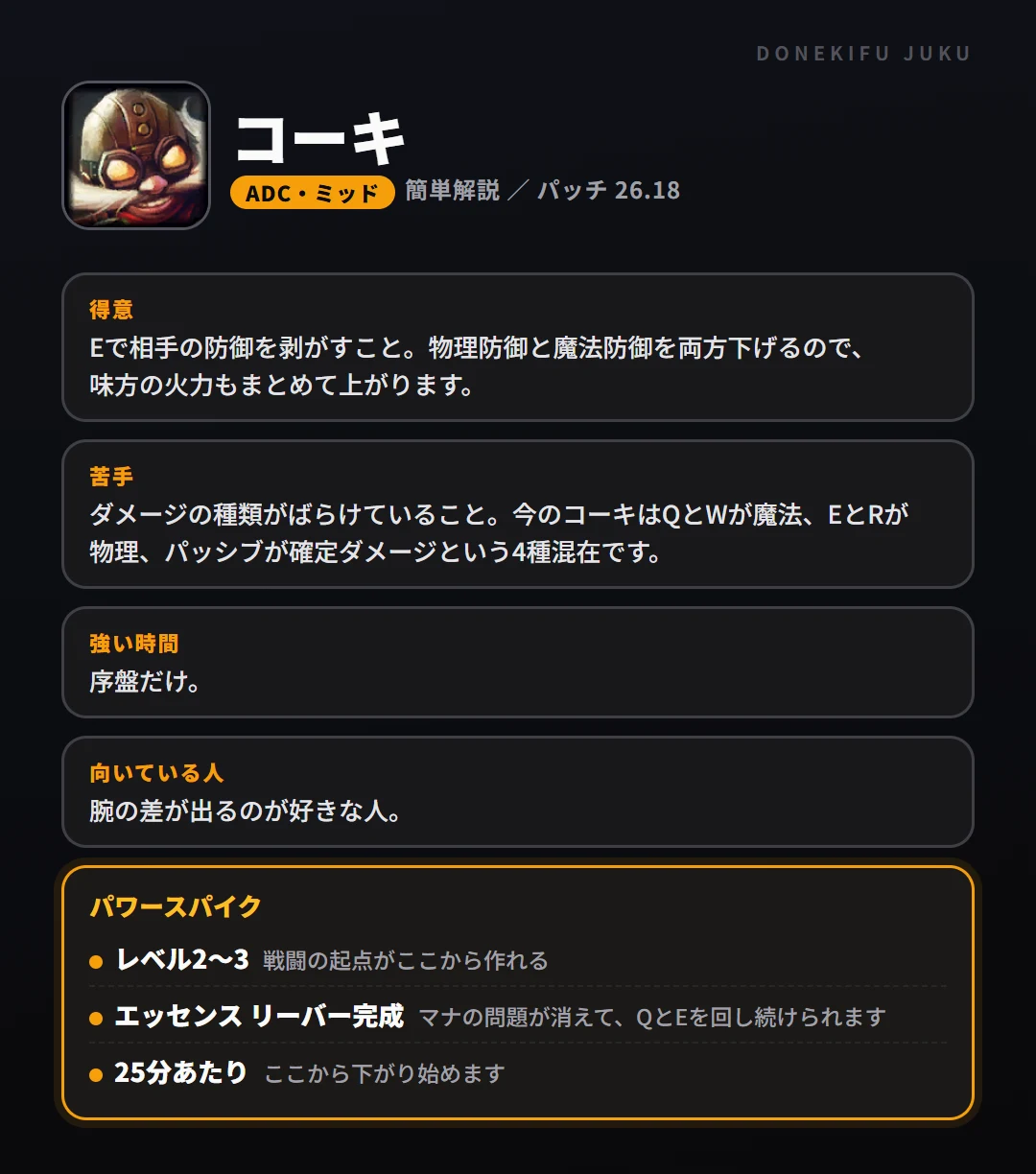 コーキはこういうチャンピオン（ADC・ミッド）。得意なこと・苦手なこと・強い時間帯と、パワースパイク