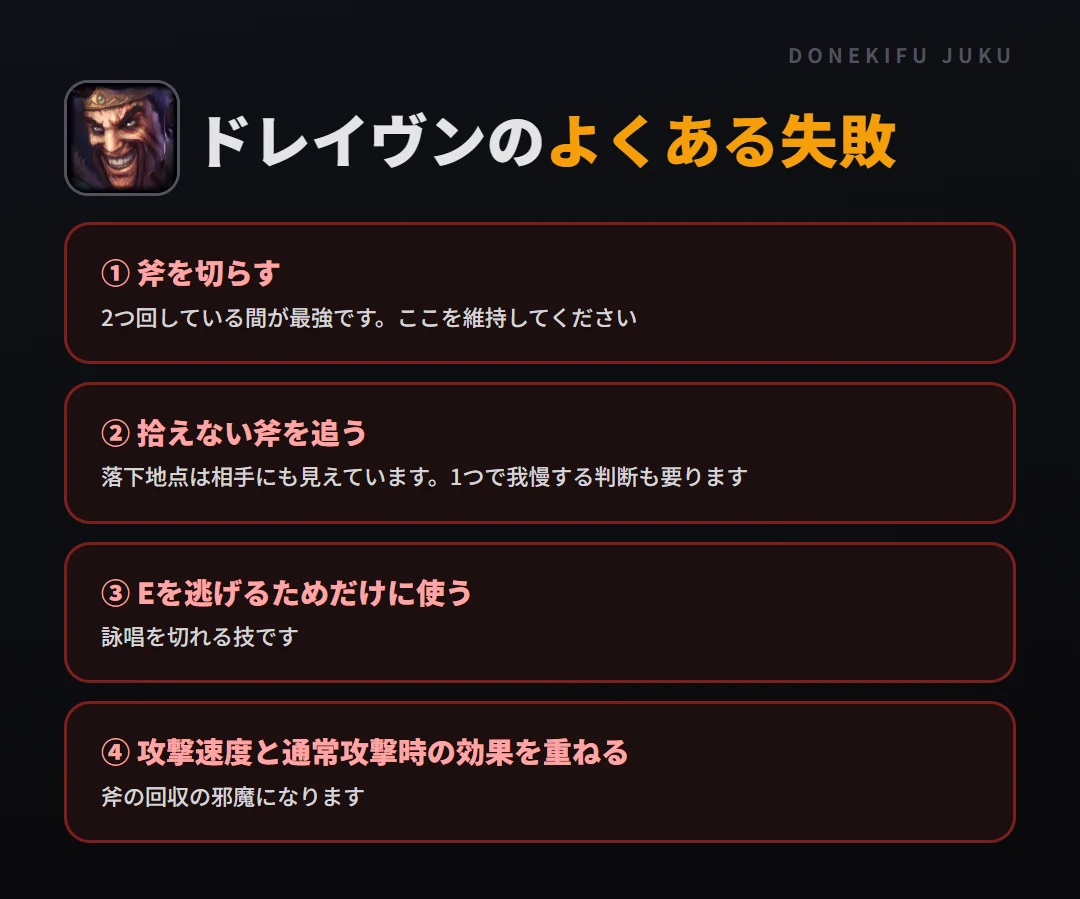 ドレイヴンのよくある失敗。斧を切らす、拾えない斧を追う、Eを逃げるためだけに使う、攻撃速度と通常攻撃時の効果を重ねる