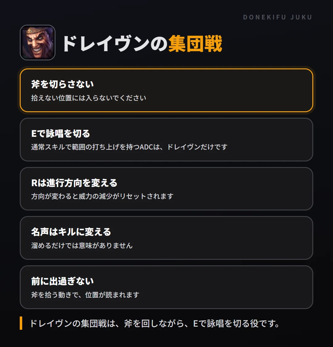 ドレイヴンの集団戦の立ち回り。斧を切らさない、Eで詠唱を切る、Rは進行方向を変える、名声はキルに変える、前に出過ぎない