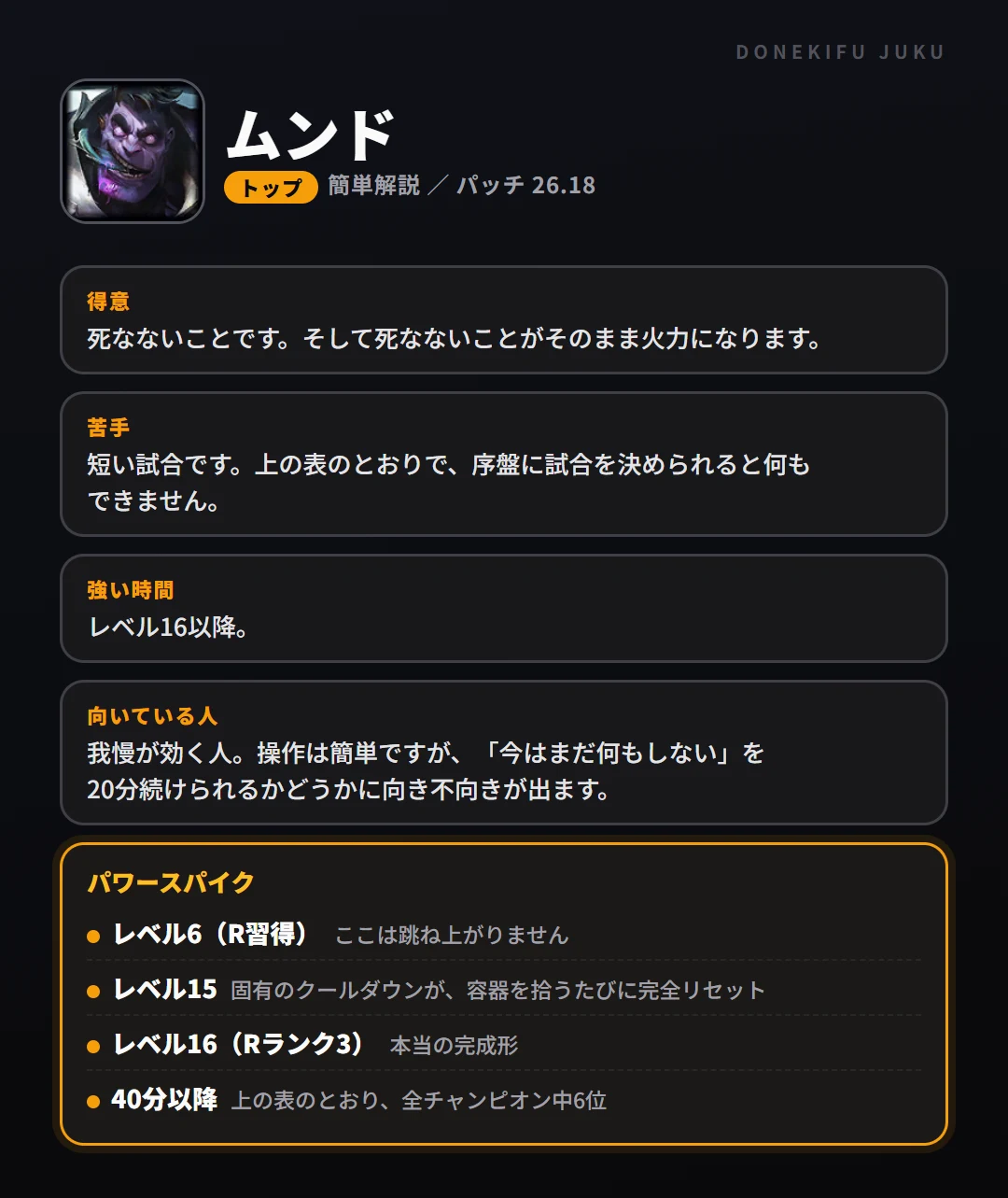 ムンドはこういうチャンピオン（トップ）。得意なこと・苦手なこと・強い時間帯と、パワースパイク