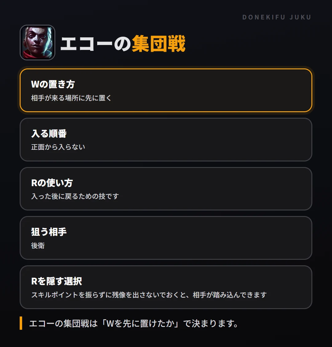 エコーの集団戦の立ち回り。Wの置き方、入る順番、Rの使い方、狙う相手、Rを隠す選択