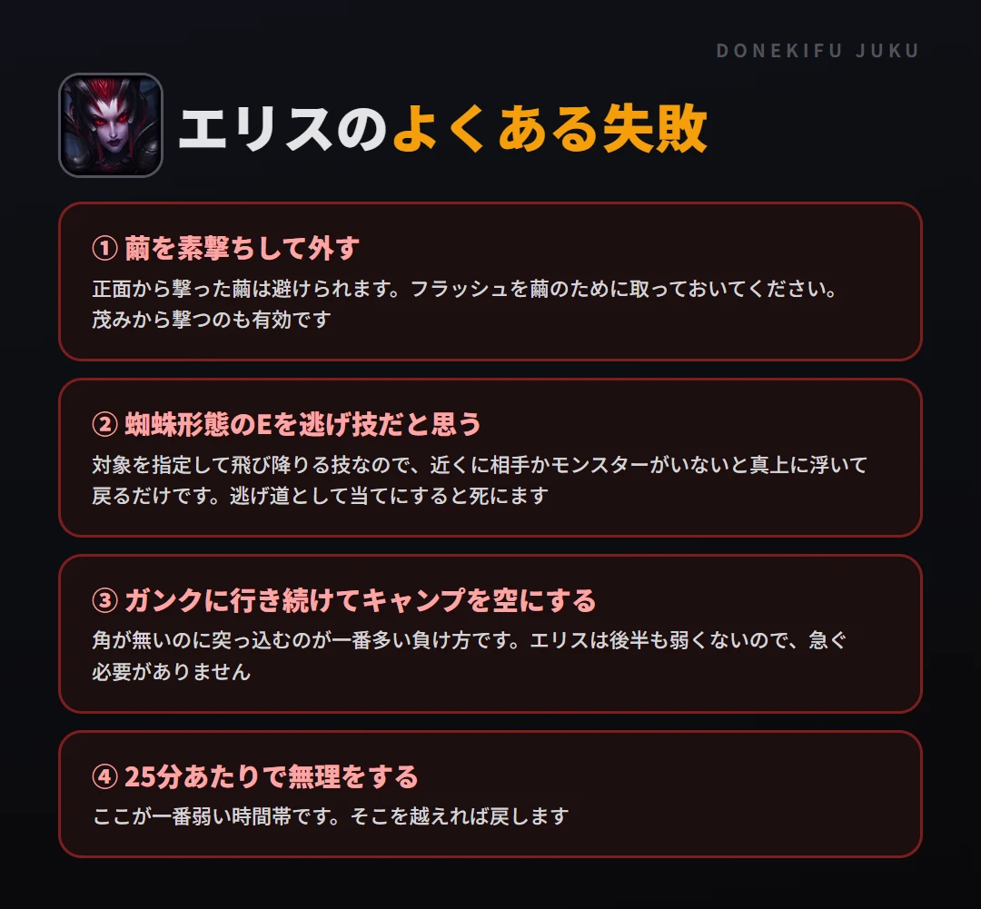 エリスのよくある失敗。繭を素撃ちして外す、蜘蛛形態のEを逃げ技だと思う、ガンクに行き続けてキャンプを空にする、25分あたりで無理をする