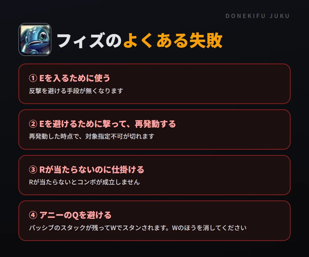 フィズのよくある失敗。Eを入るために使う、Eを避けるために撃って、再発動する、Rが当たらないのに仕掛ける、アニーのQを避ける