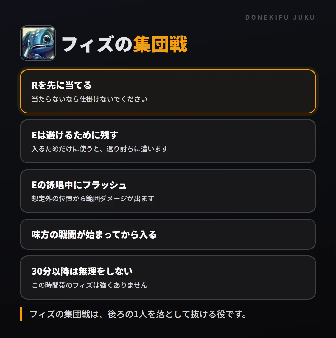 フィズの集団戦の立ち回り。Rを先に当てる、Eは避けるために残す、Eの詠唱中にフラッシュ、味方の戦闘が始まってから入る、30分以降は無理をしない