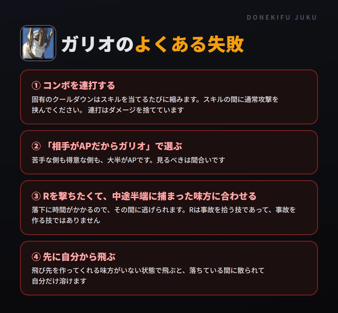 ガリオのよくある失敗。コンボを連打する、「相手がAPだからガリオ」で選ぶ、Rを撃ちたくて、中途半端に捕まった味方に合わせる、先に自分から飛ぶ