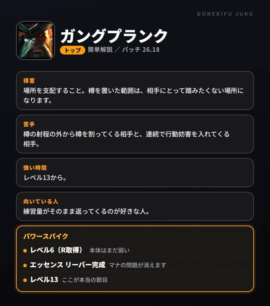 ガングプランクはこういうチャンピオン（トップ）。得意なこと・苦手なこと・強い時間帯と、パワースパイク