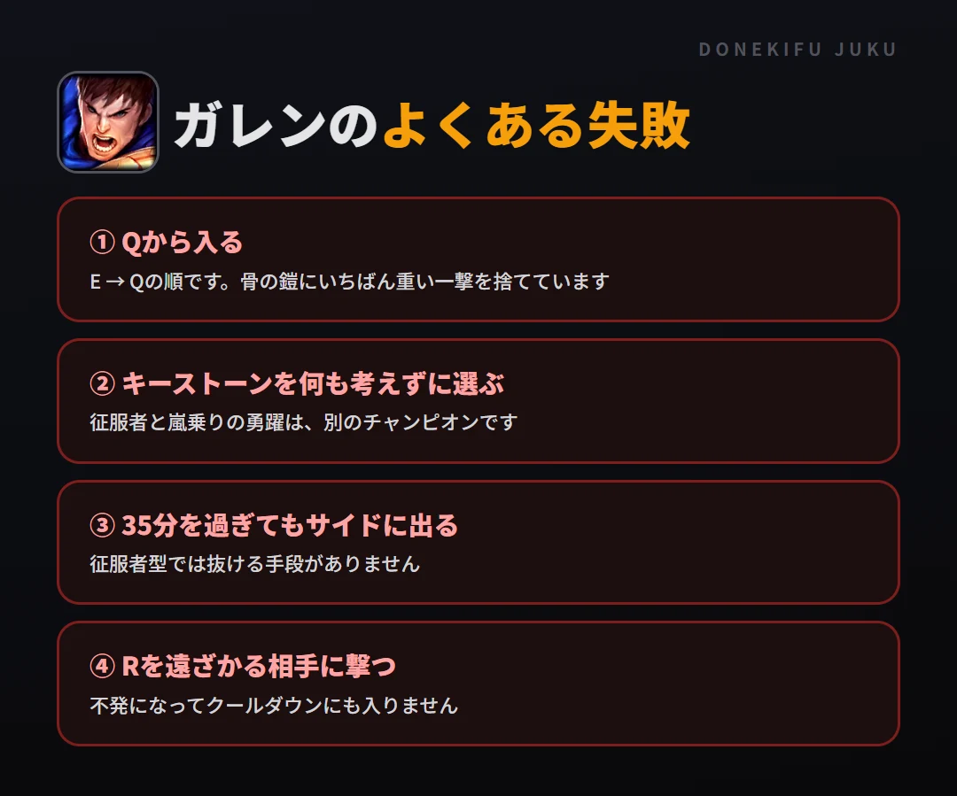 ガレンのよくある失敗。Qから入る、キーストーンを何も考えずに選ぶ、35分を過ぎてもサイドに出る、Rを遠ざかる相手に撃つ