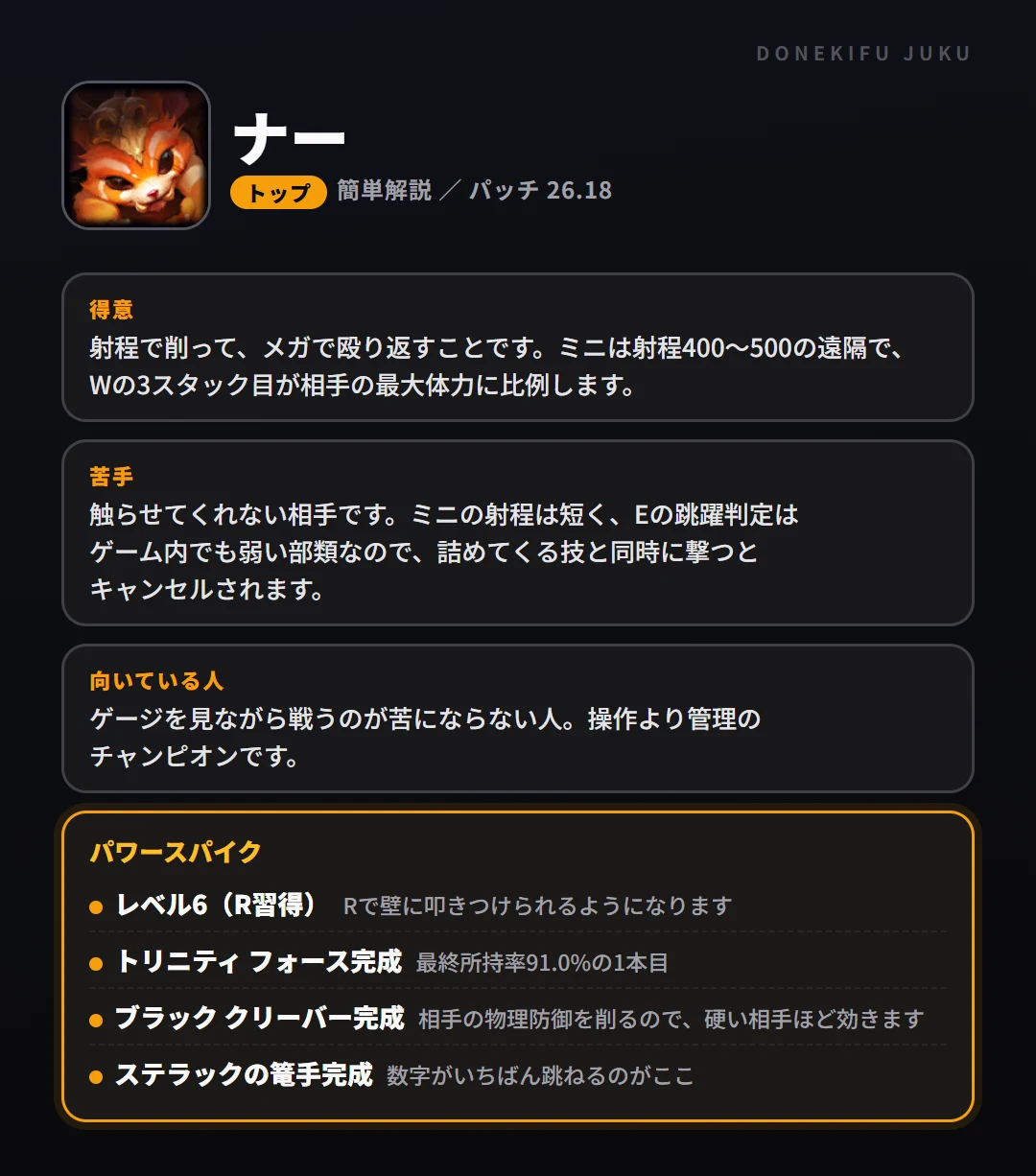 ナーはこういうチャンピオン（トップ）。得意なこと・苦手なこと・強い時間帯と、パワースパイク
