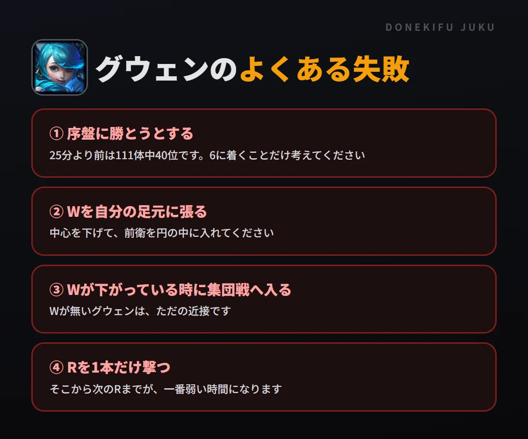 グウェンのよくある失敗。序盤に勝とうとする、Wを自分の足元に張る、Wが下がっている時に集団戦へ入る、Rを1本だけ撃つ