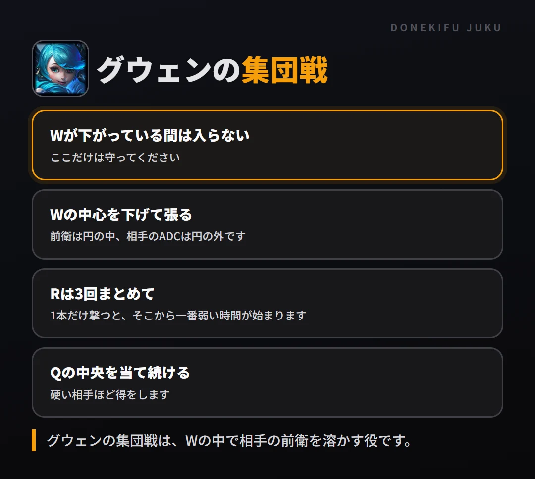 グウェンの集団戦の立ち回り。Wが下がっている間は入らない、Wの中心を下げて張る、Rは3回まとめて、Qの中央を当て続ける