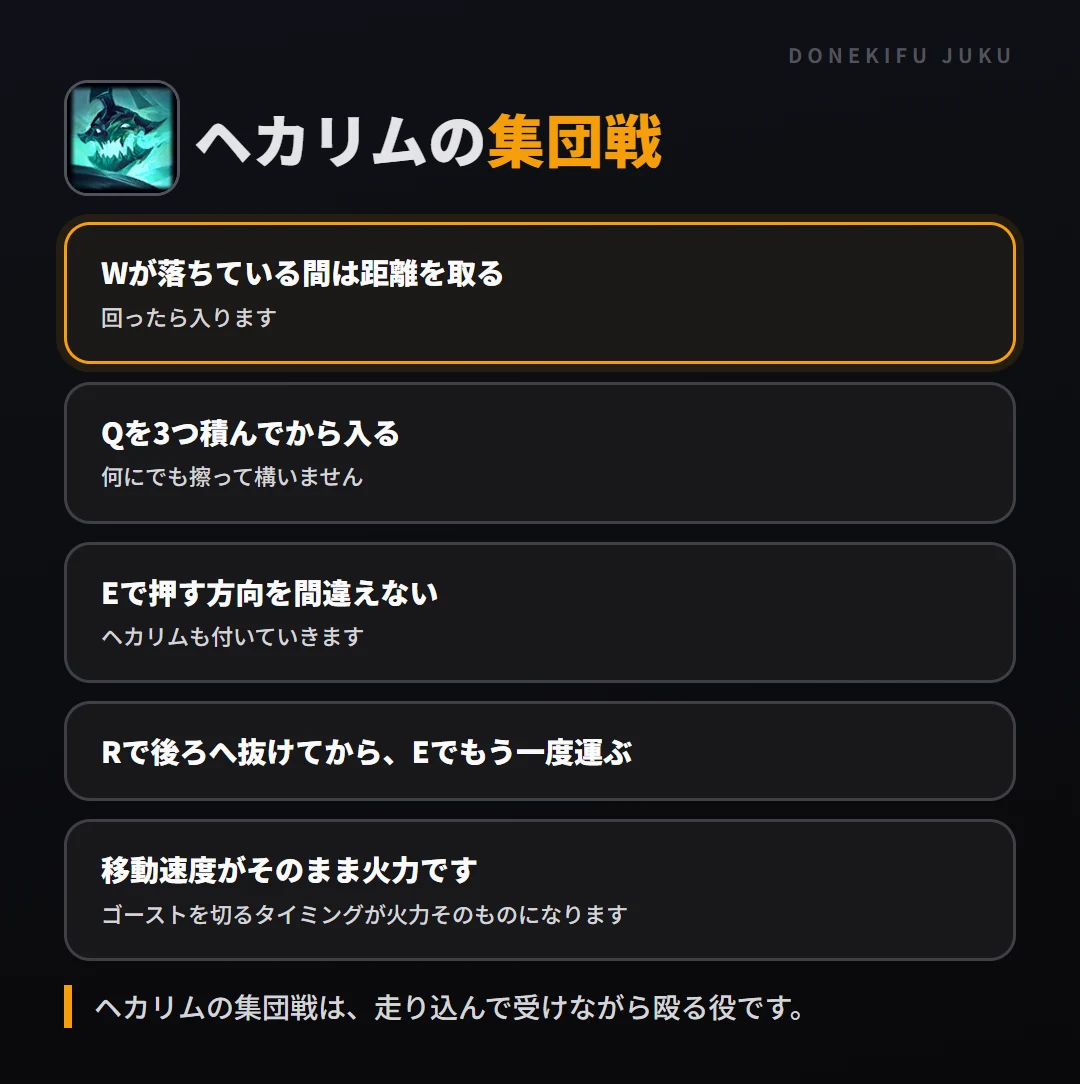 ヘカリムの集団戦の立ち回り。Wが落ちている間は距離を取る、Qを3つ積んでから入る、Eで押す方向を間違えない、Rで後ろへ抜けてから、Eでもう一度運ぶ、移動速度がそのまま火力です