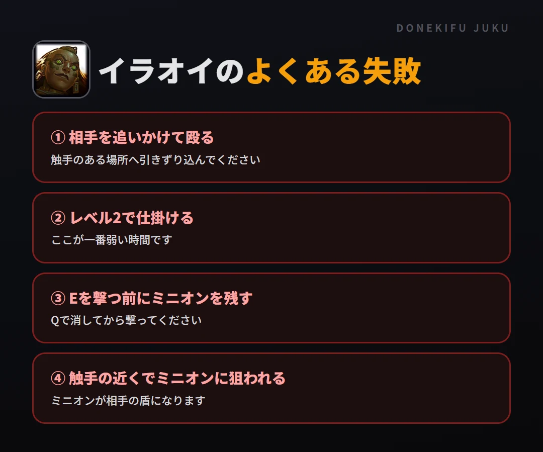 イラオイのよくある失敗。相手を追いかけて殴る、レベル2で仕掛ける、Eを撃つ前にミニオンを残す、触手の近くでミニオンに狙われる