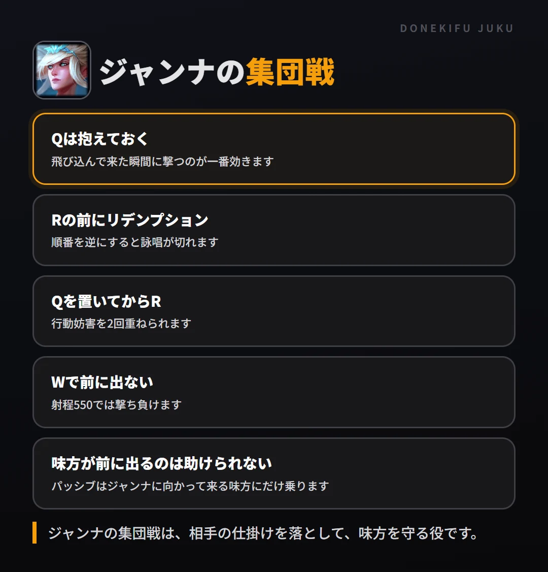 ジャンナの集団戦の立ち回り。Qは抱えておく、Rの前にリデンプション、Qを置いてからR、Wで前に出ない、味方が前に出るのは助けられない
