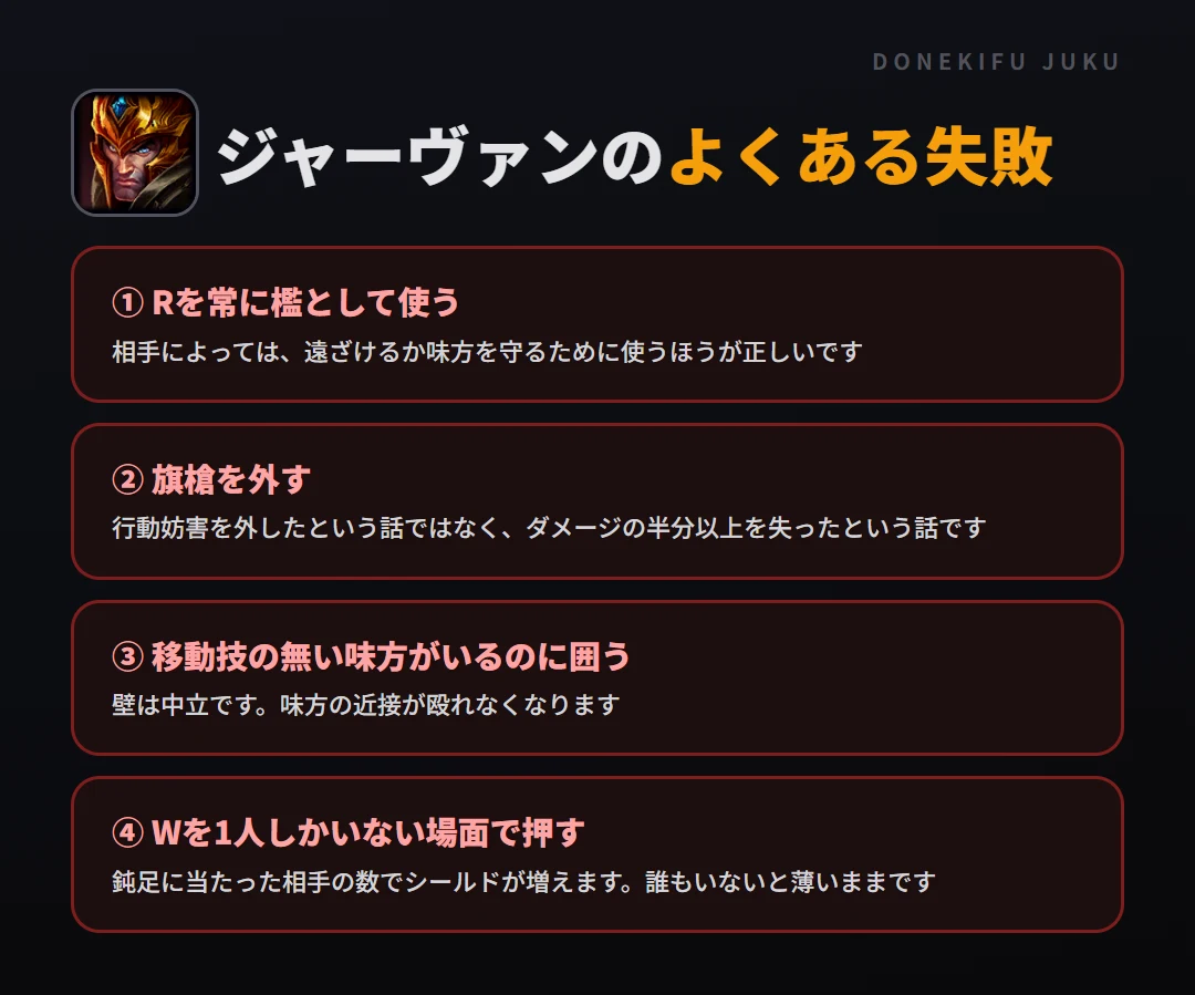 ジャーヴァンのよくある失敗。Rを常に檻として使う、旗槍を外す、移動技の無い味方がいるのに囲う、Wを1人しかいない場面で押す