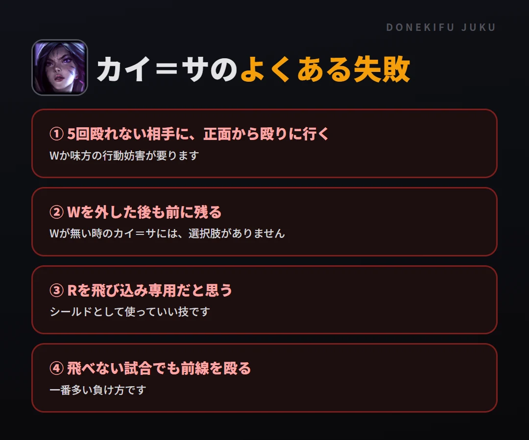 カイ=サのよくある失敗。5回殴れない相手に、正面から殴りに行く、Wを外した後も前に残る、Rを飛び込み専用だと思う、飛べない試合でも前線を殴る
