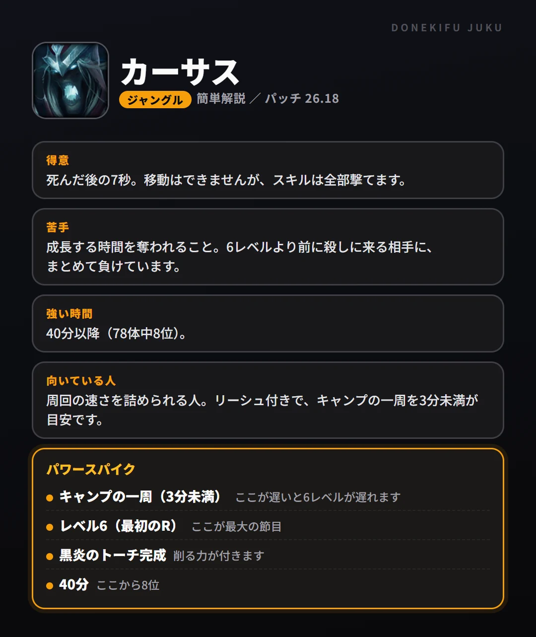 カーサスはこういうチャンピオン（ジャングル）。得意なこと・苦手なこと・強い時間帯と、パワースパイク