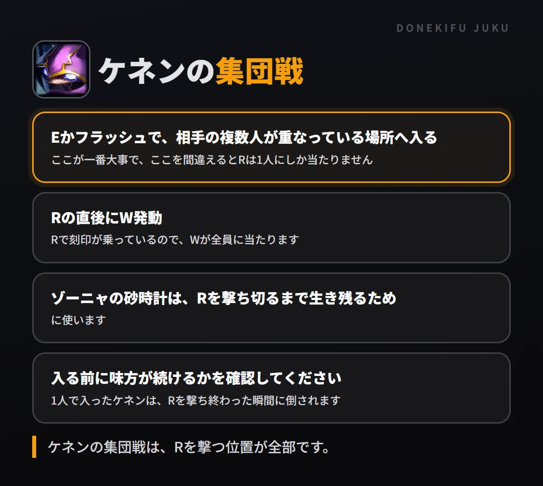 ケネンの集団戦の立ち回り。Eかフラッシュで、相手の複数人が重なっている場所へ入る、Rの直後にW発動、ゾーニャの砂時計は、Rを撃ち切るまで生き残るため、入る前に味方が続けるかを確認してください