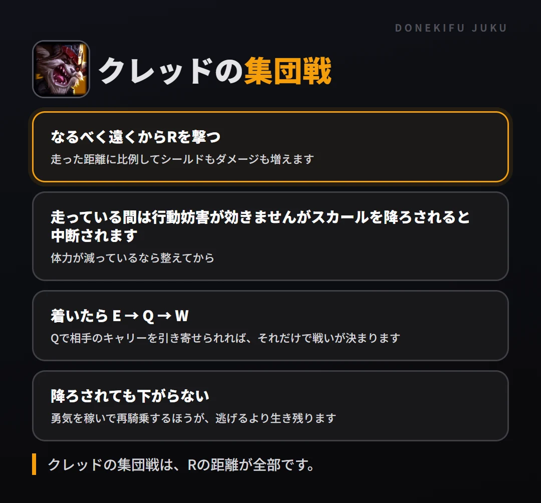 クレッドの集団戦の立ち回り。なるべく遠くからRを撃つ、走っている間は行動妨害が効きませんがスカールを降ろされると中断されます、着いたら E → Q → W、降ろされても下がらない