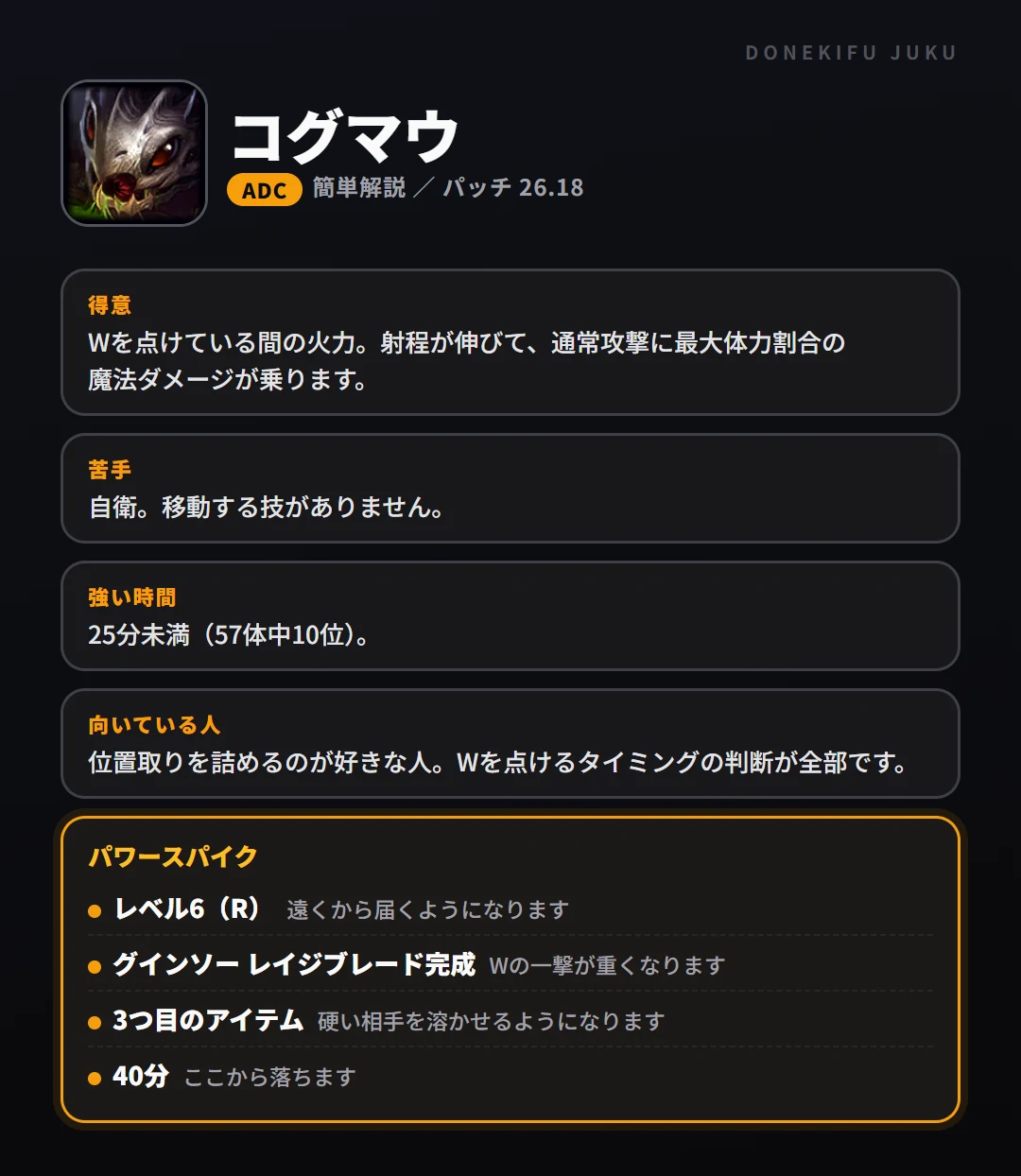 コグマウはこういうチャンピオン(ADC)。得意なこと・苦手なこと・強い時間帯と、パワースパイク