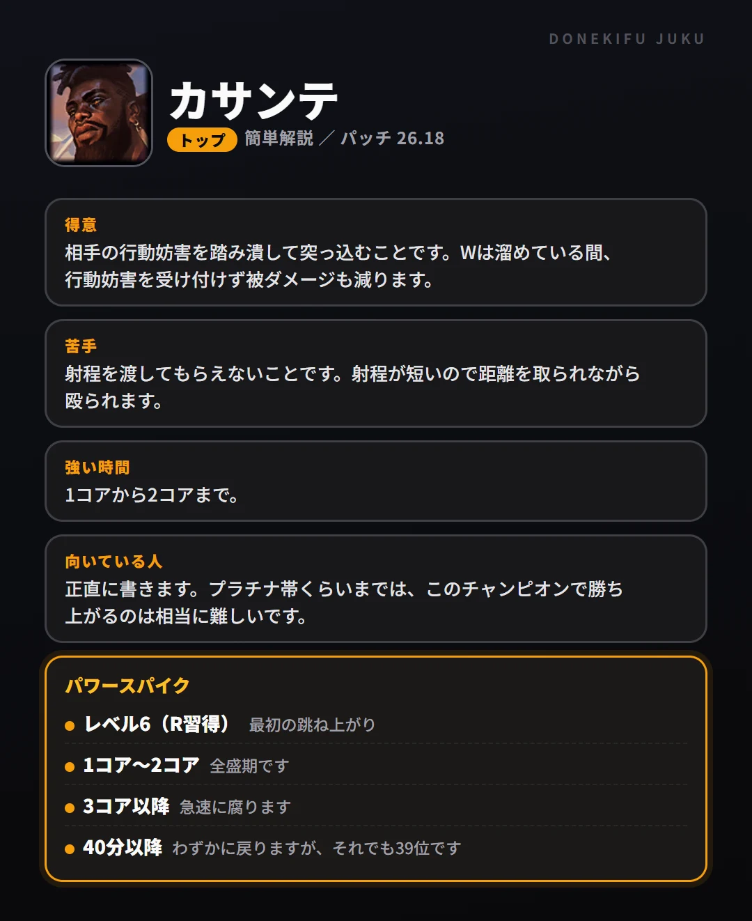 カサンテはこういうチャンピオン（トップ）。得意なこと・苦手なこと・強い時間帯と、パワースパイク