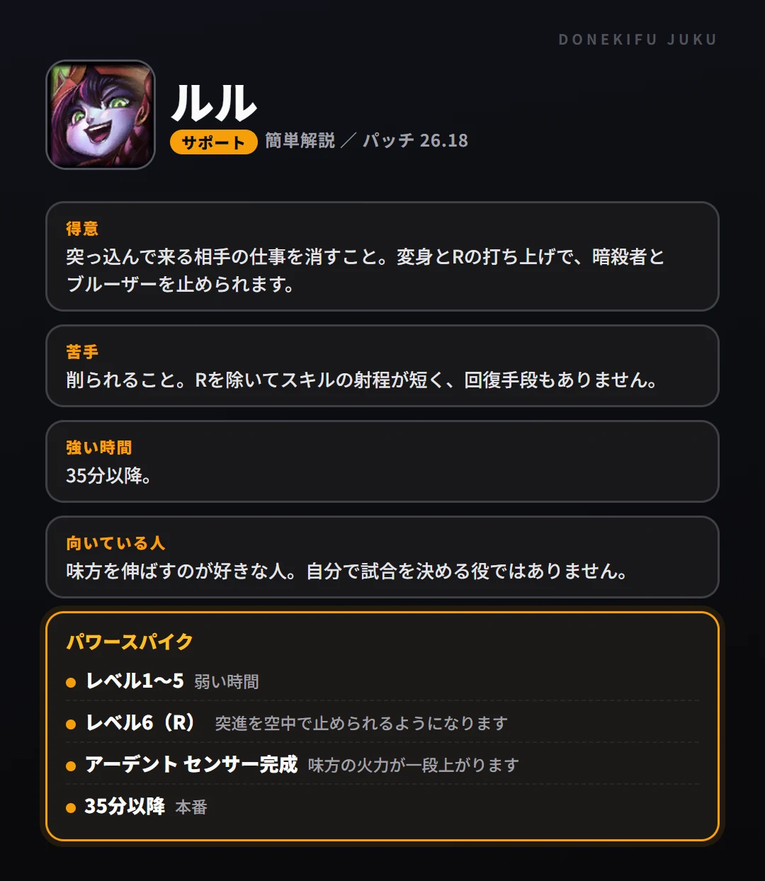 ルルはこういうチャンピオン(サポート)。得意なこと・苦手なこと・強い時間帯と、パワースパイク