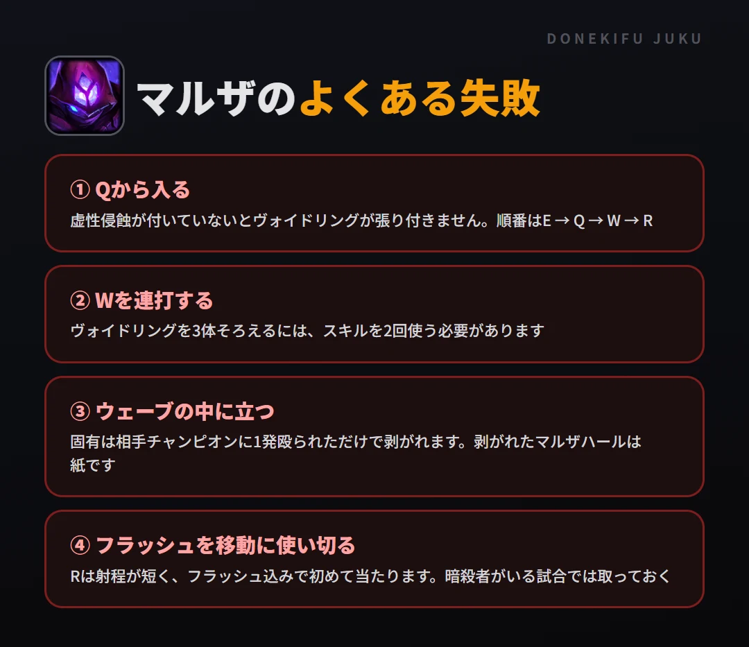 マルザのよくある失敗。Qから入る、Wを連打する、ウェーブの中に立つ、フラッシュを移動に使い切る
