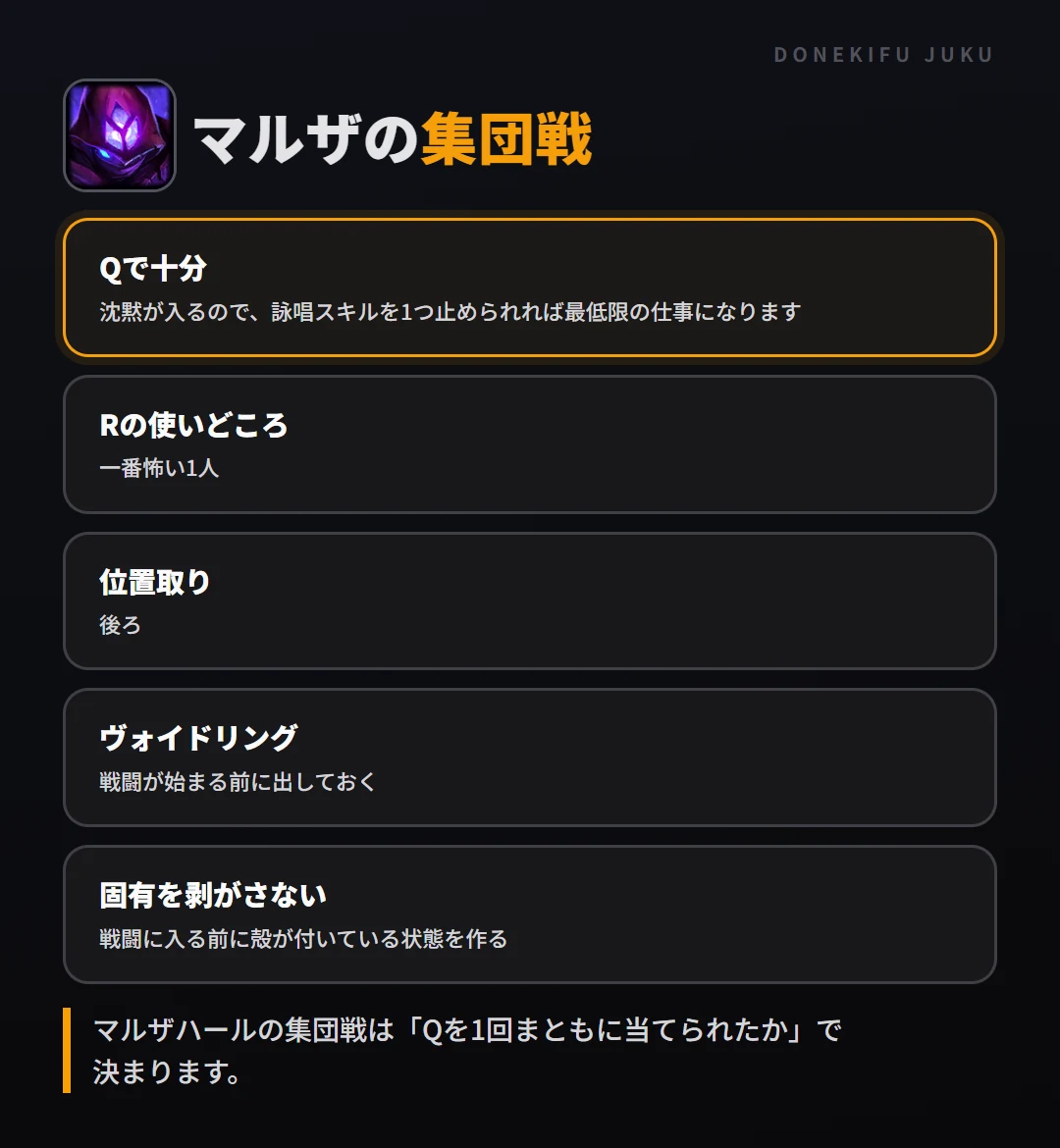 マルザの集団戦の立ち回り。Qで十分、Rの使いどころ、位置取り、ヴォイドリング、固有を剥がさない