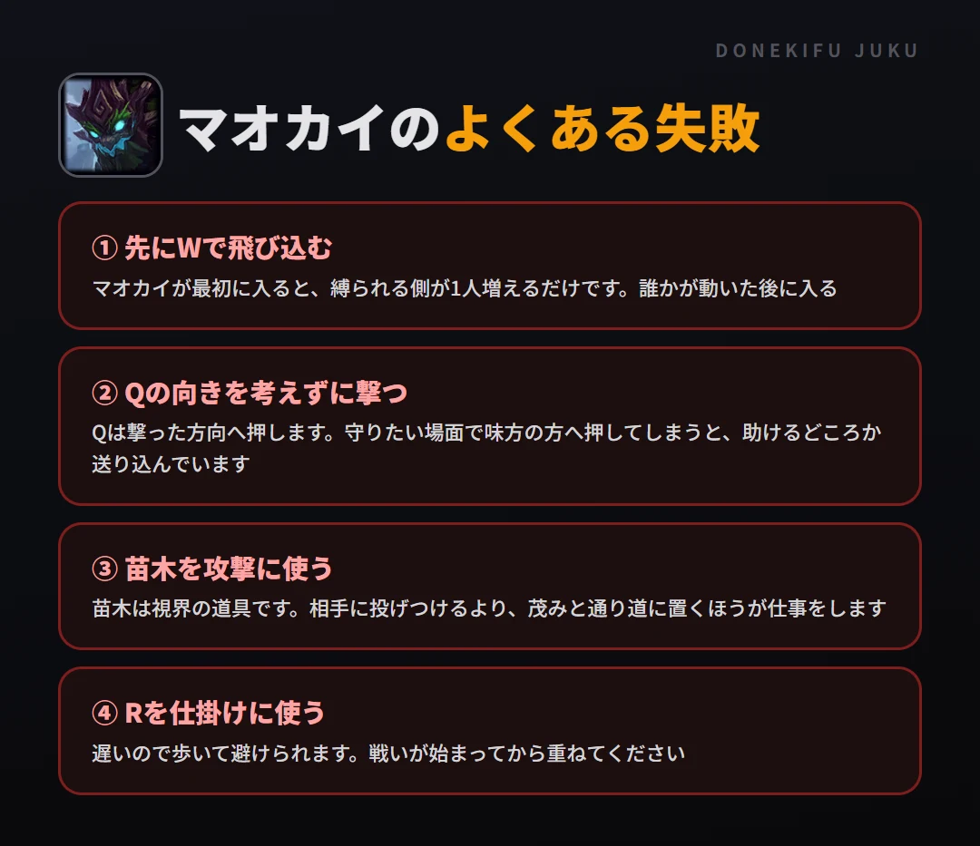 マオカイのよくある失敗。先にWで飛び込む、Qの向きを考えずに撃つ、苗木を攻撃に使う、Rを仕掛けに使う