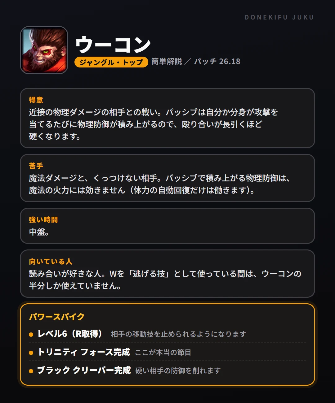 ウーコンはこういうチャンピオン（ジャングル・トップ）。得意なこと・苦手なこと・強い時間帯と、パワースパイク