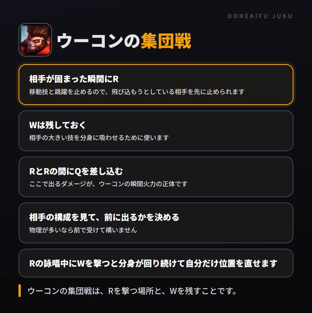 ウーコンの集団戦の立ち回り。相手が固まった瞬間にR、Wは残しておく、RとRの間にQを差し込む、相手の構成を見て、前に出るかを決める、Rの詠唱中にWを撃つと分身が回り続けて自分だけ位置を直せます