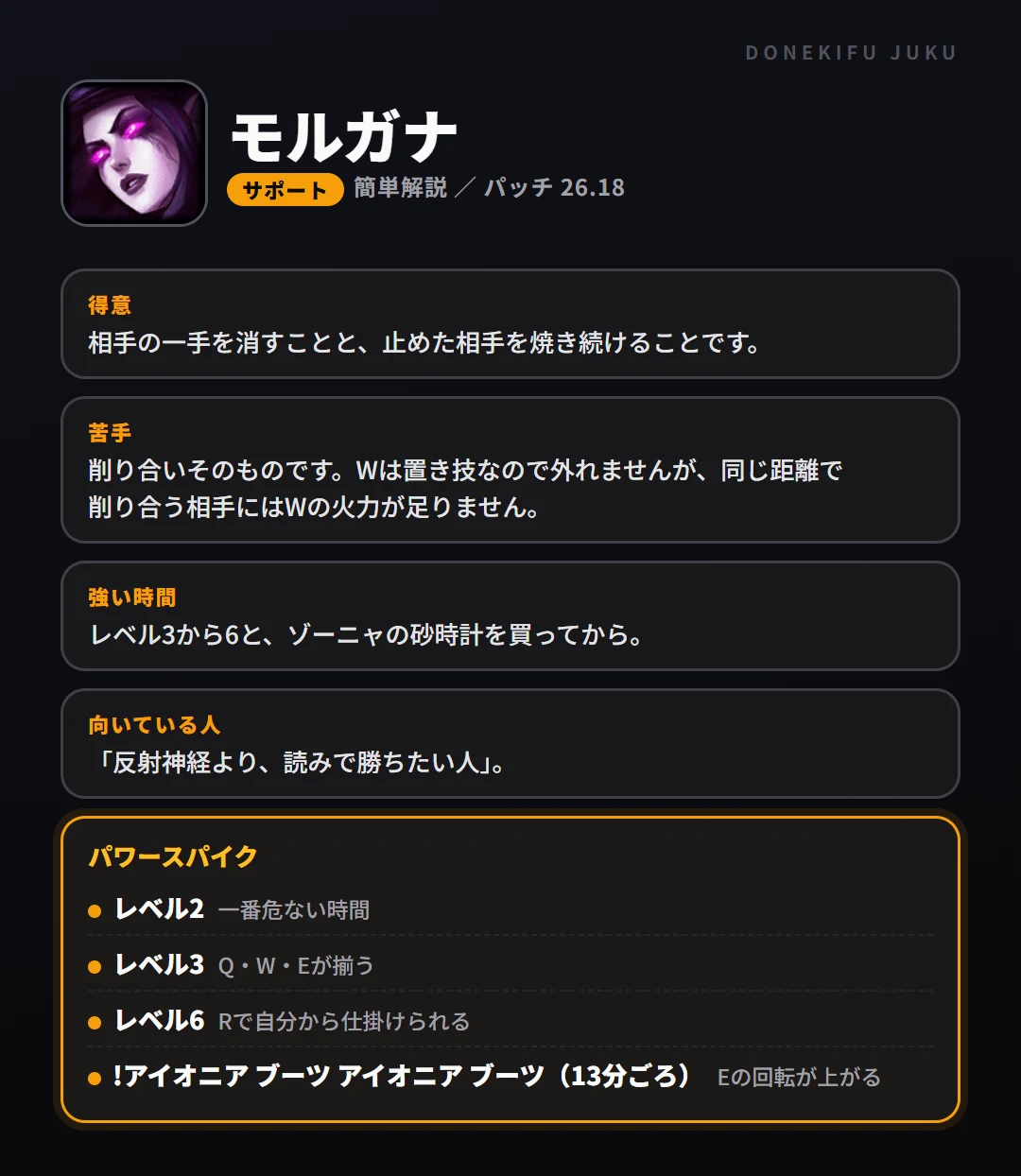 モルガナはこういうチャンピオン（サポート）。得意なこと・苦手なこと・強い時間帯と、パワースパイク