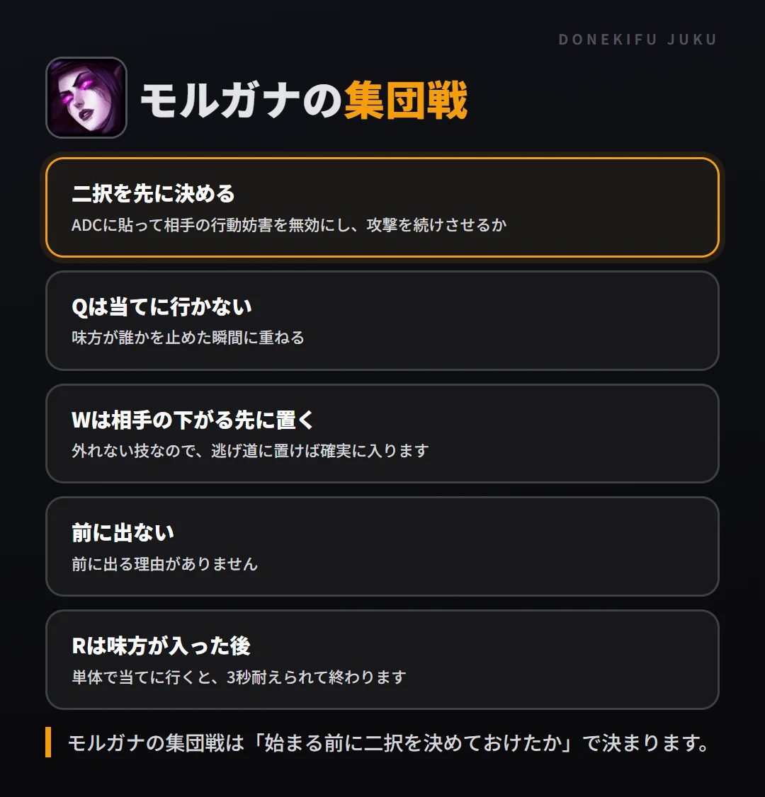 モルガナの集団戦の立ち回り。二択を先に決める、Qは当てに行かない、Wは相手の下がる先に置く、前に出ない、Rは味方が入った後